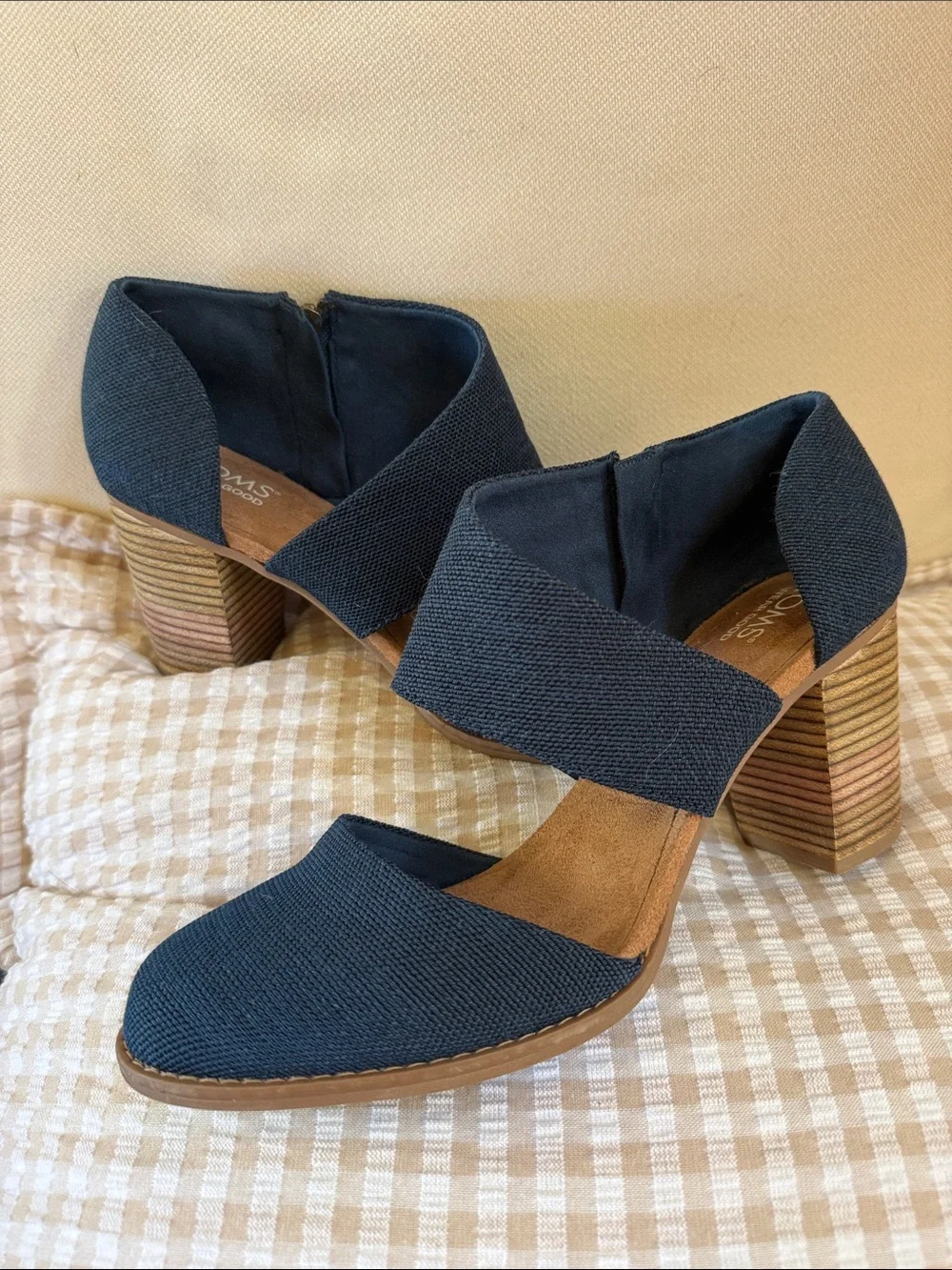 Toms Navy Blue Textured Block Heel Sandals
